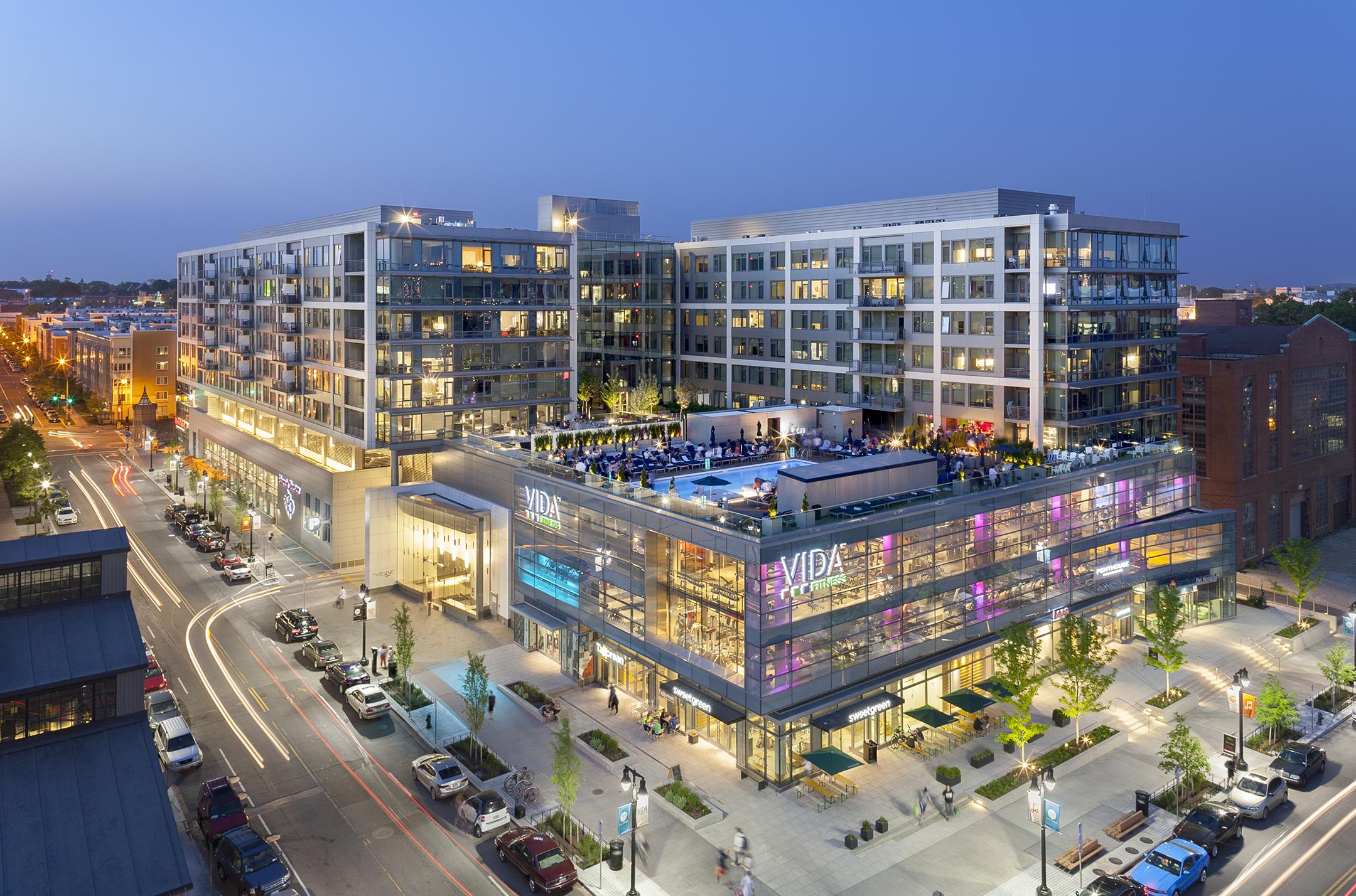 Modern urban complex with rooftop pool