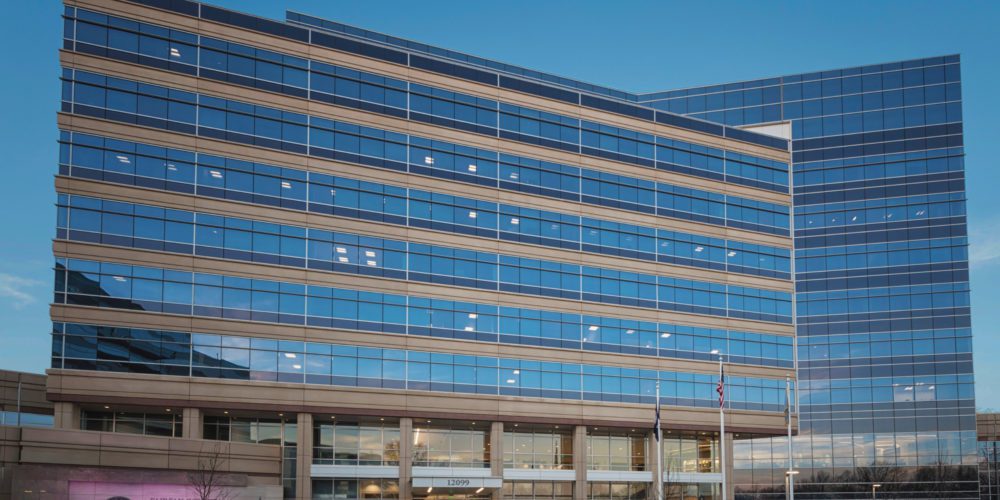 Contemporary office building with blue windows