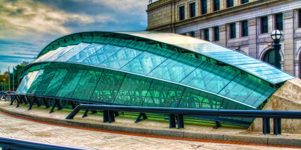 Modern glass subway entrance structure